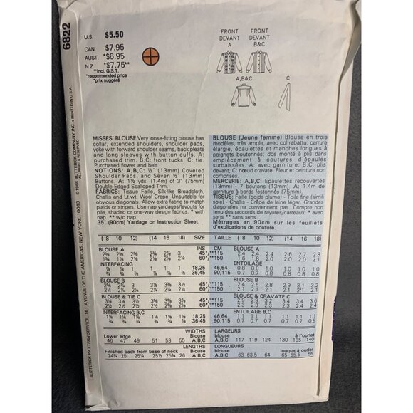 Butterick Misses Blouse Sewing Pattern sz 14 16 18 6822 - uncut - Picture 3 of 4